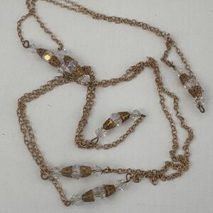 Vintage Necklace AB crystals Filigree Opera Length Golden Tone Chain